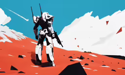 a 3d animated painting of a robot soldier with two guns