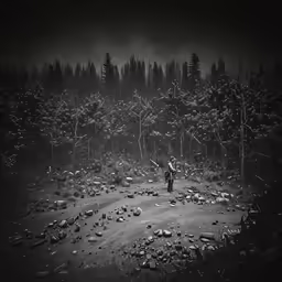 man standing in clearing of forest with dark clouds