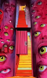 colorful eyes make this doorway look as if they are painted red