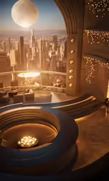 this is a futuristic lobby with lights and furniture