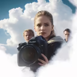 a man and a woman with camera taking a photo in a cloud