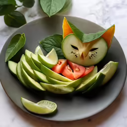 the plate has cucumber slices and an owl cut into it