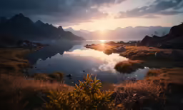 sunset over a lake with mountains and grass around it