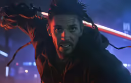 a young man is in a space suit in the dark