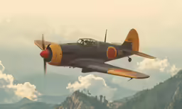 an airplane flying through a cloudy sky with mountains in the background