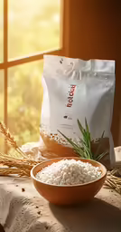 an image of rice in a bowl and a bag of wheat