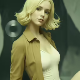 a woman with blonde hair standing next to a glass display case