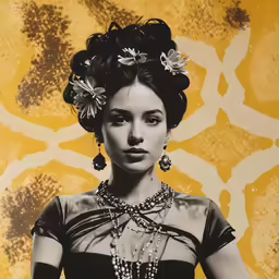 a woman with flowers in her hair stands next to a yellow background