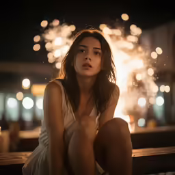 a woman is sitting on a bench near firework