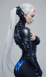 a female figure with long white hair and black catsuit