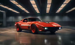 a red car in a garage with no people