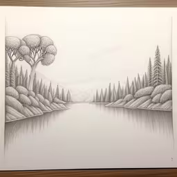 a drawing of a river running through some trees