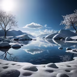 snowy landscape, with water and trees