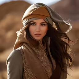 a woman wearing a scarf and brown jacket posing for the camera