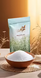 the organic rice flour in a bowl on a wooden table