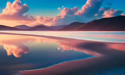 the sand is reflecting the sky and clouds on water