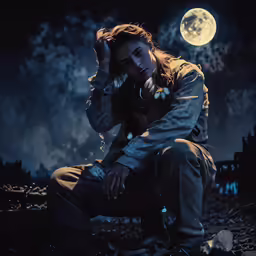 a woman is sitting outside in the moonlight
