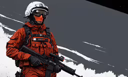 an artist is standing with a rifle in his hand,a man in an orange jumpsuit with a rifle