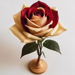 a red rose is sitting on a stand