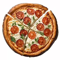 a pizza is cut and ready to be eaten