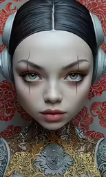 headphones sit on the face of an evil doll