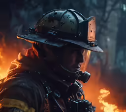 a fireman wearing a helmet and protective gear stands in front of a bush