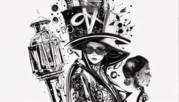 a black and white drawing of a person with an umbrella,a woman in a top hat with some kind of device on her back