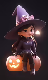 the animated character has a purple hat and is sitting on top of a pumpkin