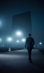 a man in suit walking down a street at night