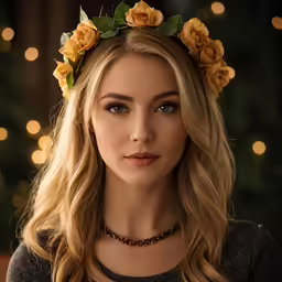 a young blonde woman wearing yellow roses and leaves on her head