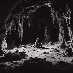 an alien man in the cave of a cave