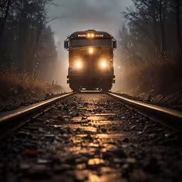 the train is on the tracks at dusk