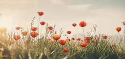 a field with red flowers under the sun