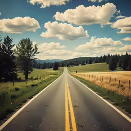 an empty highway through a meadow with a cloudy sky