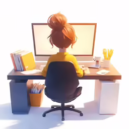 a person at a desk with books, a phone and a monitor