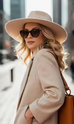 a woman in a tan coat and hat with brown purse
