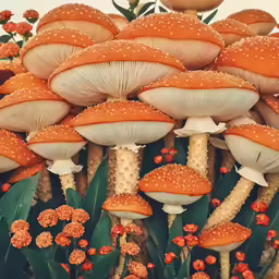 close up picture of several mushrooms in orange
