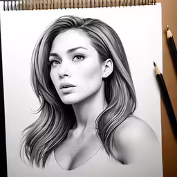 a pencil drawing of a girl with long hair and earrings