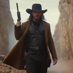 a man dressed in cowboy attire holding a gun
