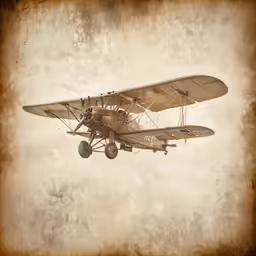 a sepia photo of a single - engine plane in flight