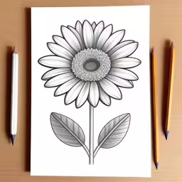 an ink drawing of a sunflower with some pencils,a drawing of a sunflower with two flowers and one bud