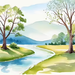 a drawing of a river that is next to some trees
