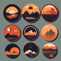 various round logos depicting the various places and countries,several circular badges with different landscapes