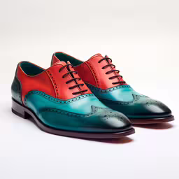 two tone green and red leather shoes with a black sole,two tone shoes with green and red brocades