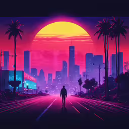 man walking down a dark city street with neon lights and buildings,a man walking down a street at night in a silhouette
