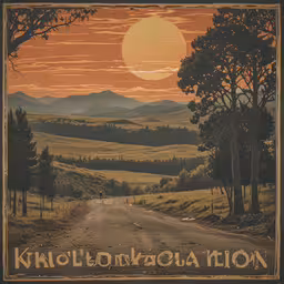 a dirt road leading into the distance with a large sun over a vast landscape,a poster advertising kalallokondalion featuring a sun setting