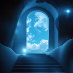 the stairs lead to an open space in the sky