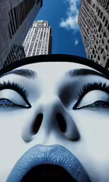 the woman has her eyes closed with two buildings in the background