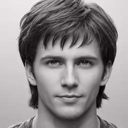 a black and white photo of a young man with a serious look