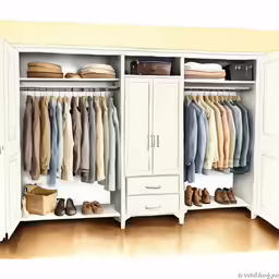 a white cabinet with lots of clothes hanging